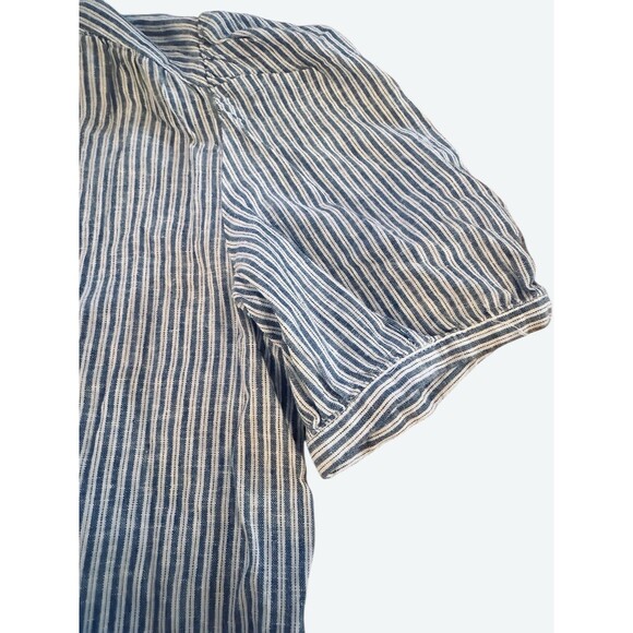 Treasure & Bond Blue White Striped Blouse Medium Split Neck Short Sleeve Top - Picture 4 of 6